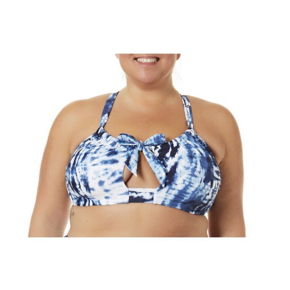 TIME AND TRU WOMEN'S PADDED SWIMSUIT TOP MEDIUM 8-10 BLUE/WHITE Vertical Tie